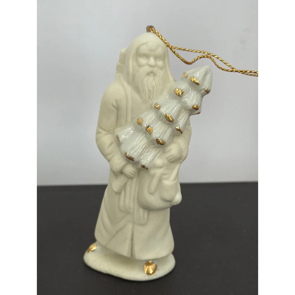 Vintage White Bisque Porcelain Santa Claus Ornaments Gold Accents Set of 3